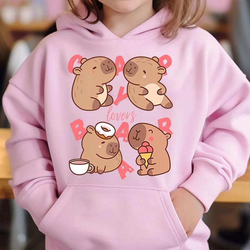 Cute Capybara Loves Bubble Tea Children's Hoodie Pink Autumn and Winter Girl's Top