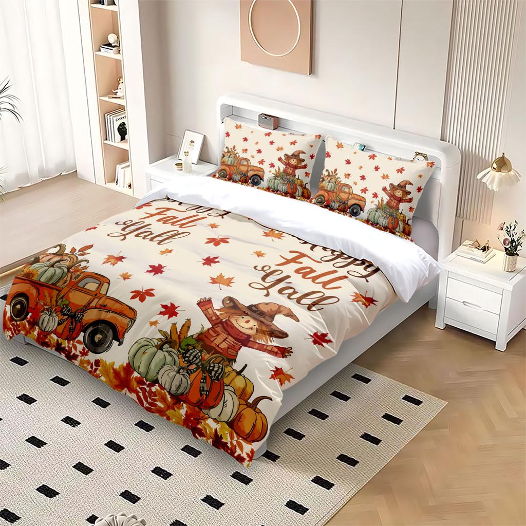 3pcs Autumn Harvest Festival Pumpkin Coreless Quilt Set Multi Size Bedroom Dormitory Holiday Bedding Decoration Machine Washable
