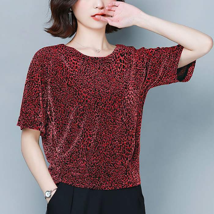Bright silk T-shirt women's short-sleeved top summer new large size loose belly cover bright silk bottoming leopard print shirt