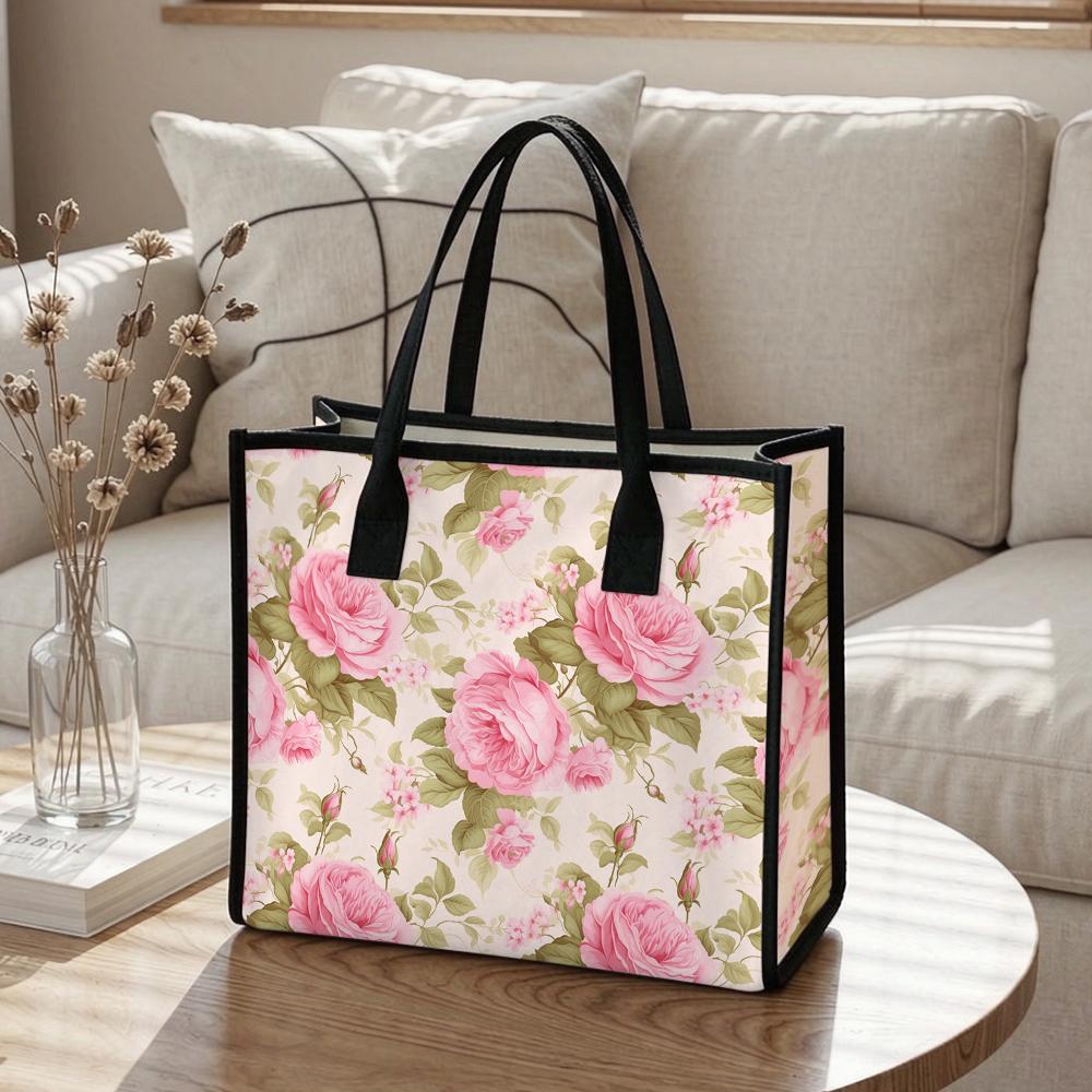 Floral Print Canvas Tote Bag Large Capacity Daily Carry Handbag for Shopping Travel Casual Use