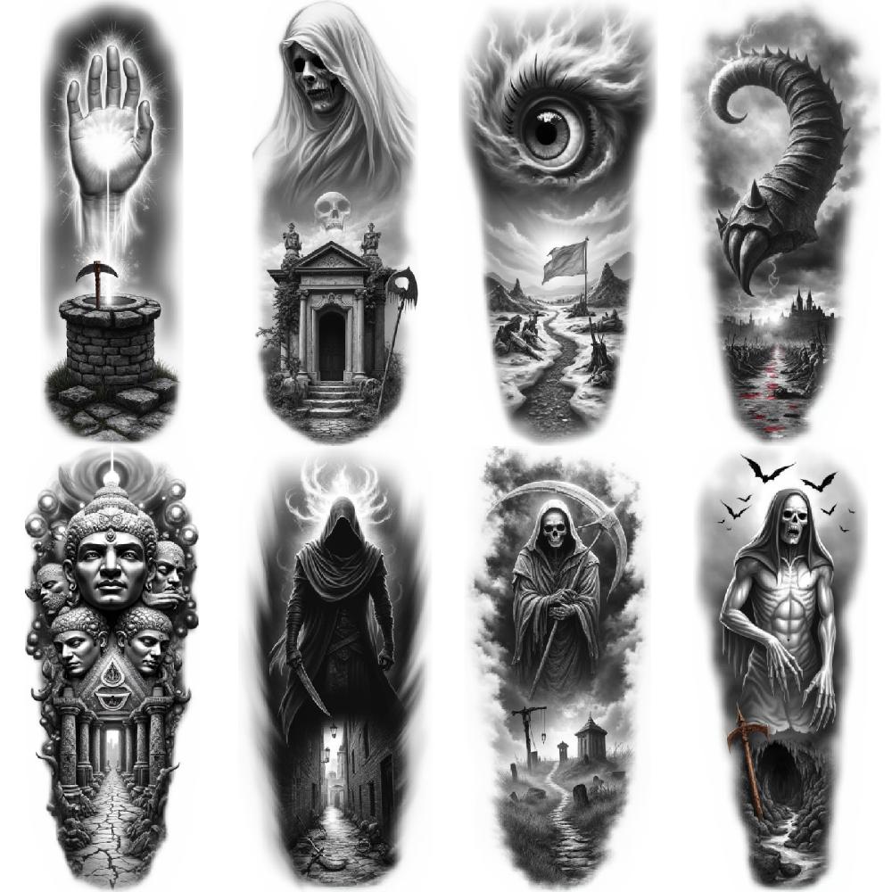 3pcs Temporary Tattoo Waterproof Long-lasting Body Stickers Tower Of Skulls Temple Of Faces All-Seeing Eye For Men Arms Adults