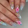 Almond Press On Nail With Blue French Edge and Flower Star Accents, Soft Sheer Base Full Cover Pieces for Daily Styling for Women Look