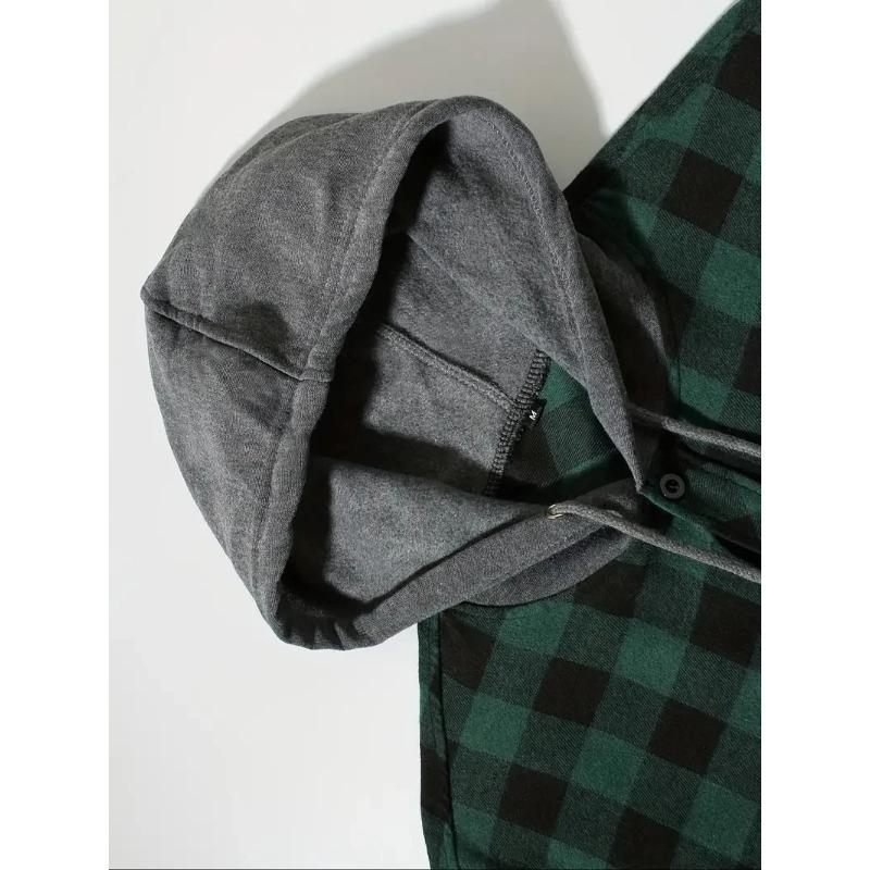 Men's Shirts Classic Plaid Casual Button Down Hooded Long Sleeved Double Pockets Shirt Hoodie Flannel Jacket Spring Autumn