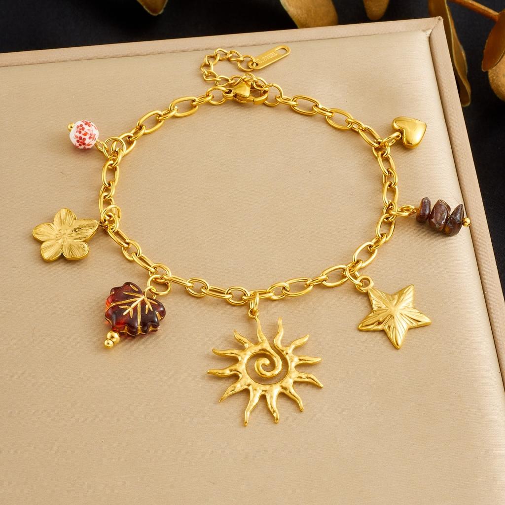 DIEYURO 316L Stainless Steel Golden Sun Totem Flower Crystal Necklace Bracelet Set Lady Trend Fashion Waterproof Jewelry Gift