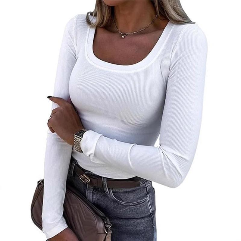 Womens Long Sleeve Shirt Square Neck Tops Ribbed Knit Basic Tee Top Teen Girls Fall Outfits Fashion Clothes 2026