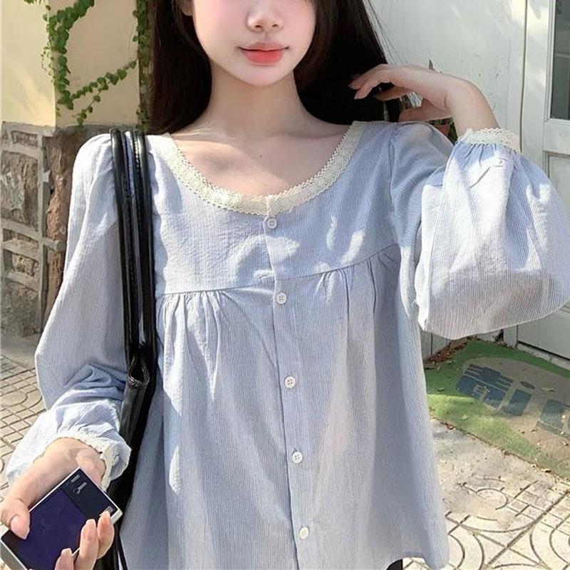 Autumn Korean New Style Fashionable Loose Lace Splicing Niche Design Long-sleeved Shirt Top for Women