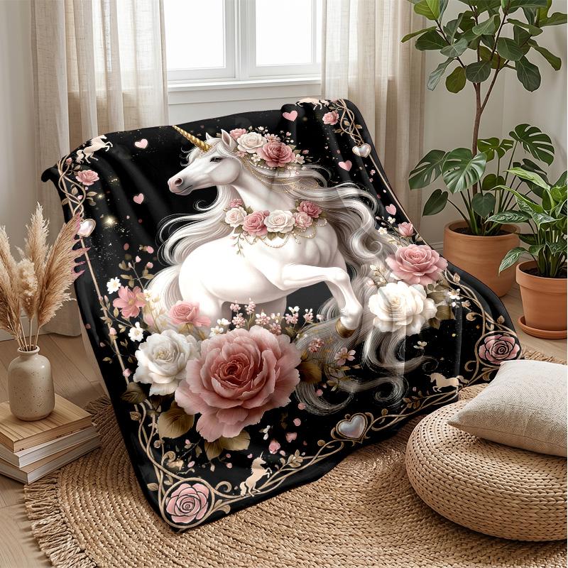 Elegant Black Unicorn Theme Blanket Lightweight Warm Flannel Blanket Decorative Throw Blanket for Home Decoration
