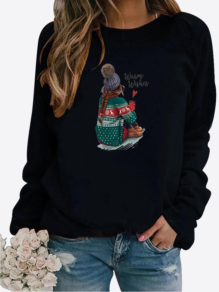 Women Autumn and Winter Clothing Christmas Deer Printed Casual Sweatshirt Long Sleeve Tops T-shirt Ladies Round Neck Pullover Blouse
