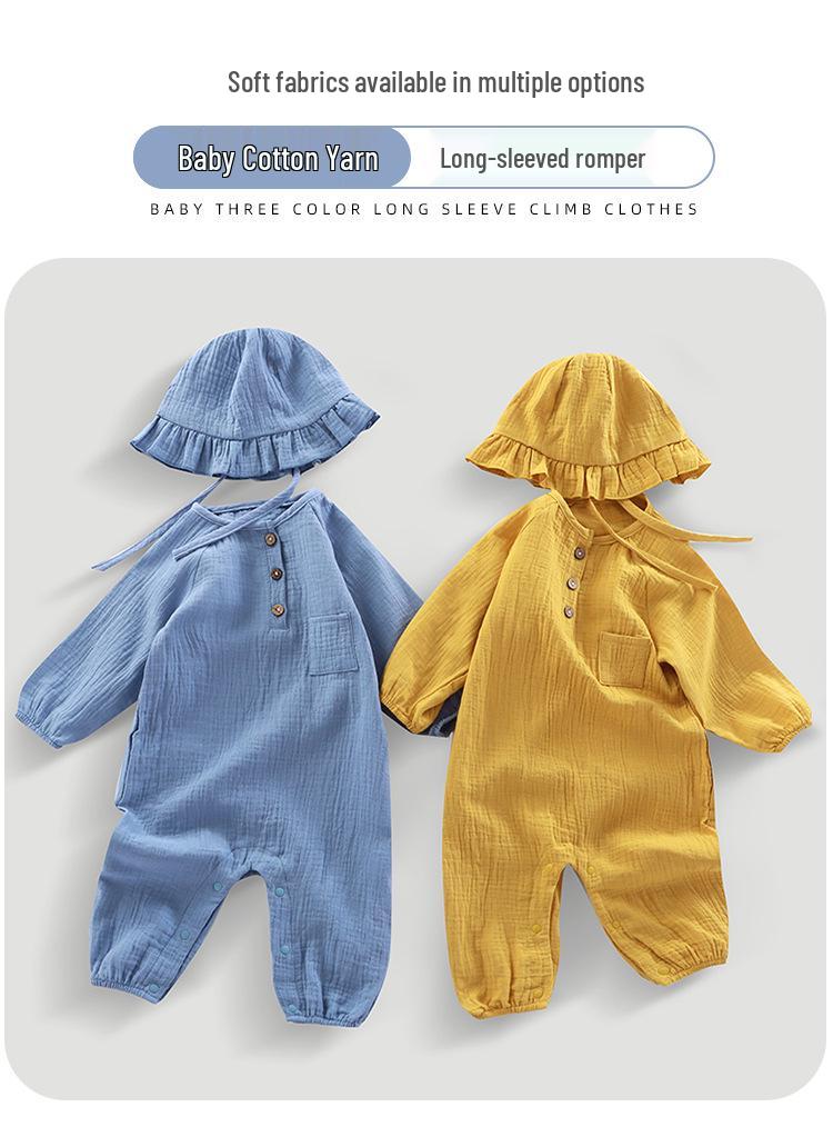 Hooded Baby Summer Romper: Double Layer Gauze, 100% Cotton, Solid Color, Breathable and Sweat-Absorbent - Ideal for Crawling and Casual Wear