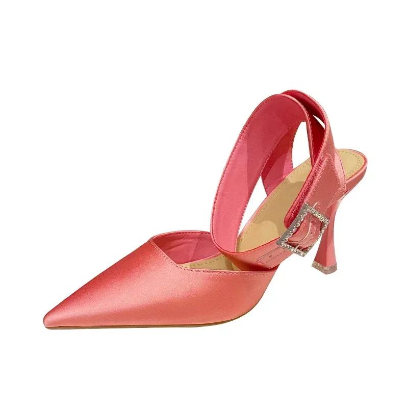 Fashion New Luxury Women's Sandals Sexy High Heels Temperamental Pointed Satin Baotou Square Buckle Rhinestone Party Shoes Summer
