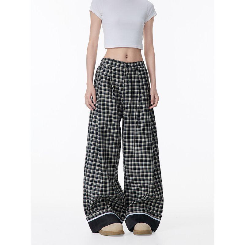 Black of Exit American Retro Plaid Cuffed Casual Pants for Men and Women, Loose and Lazy Wide-Leg Floor-Length Pants