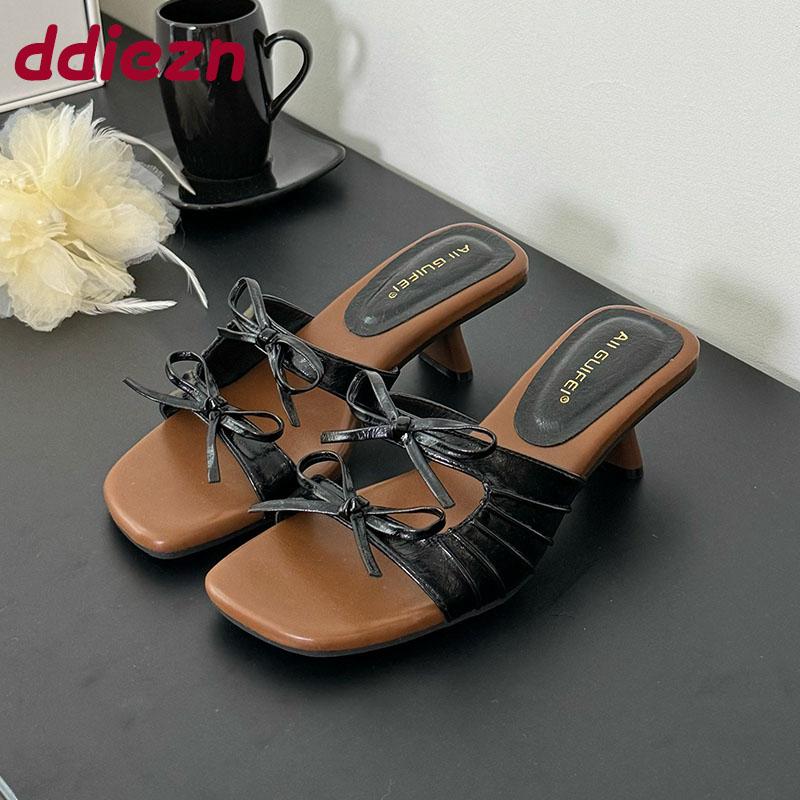 Fashion Fashion Square Toe Ladies 4cm Heels Sandals Slides Female Butterfly-Knot Footwear Elegant Women Heeled Sandals Shoes Pumps