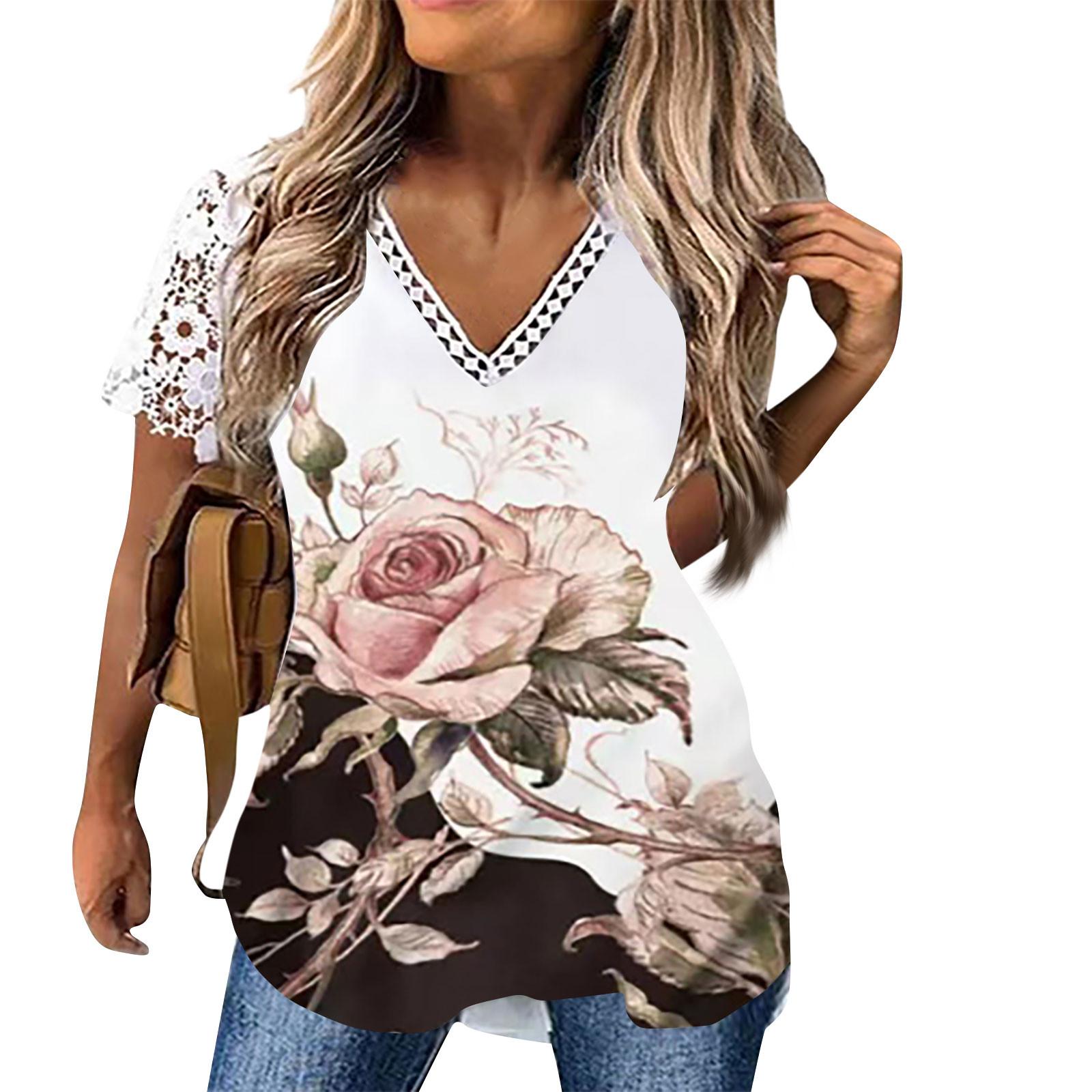 

Женская футболка с коротким рукавом и v-образным вырезом, кружевной топ с цветочным принтом XL