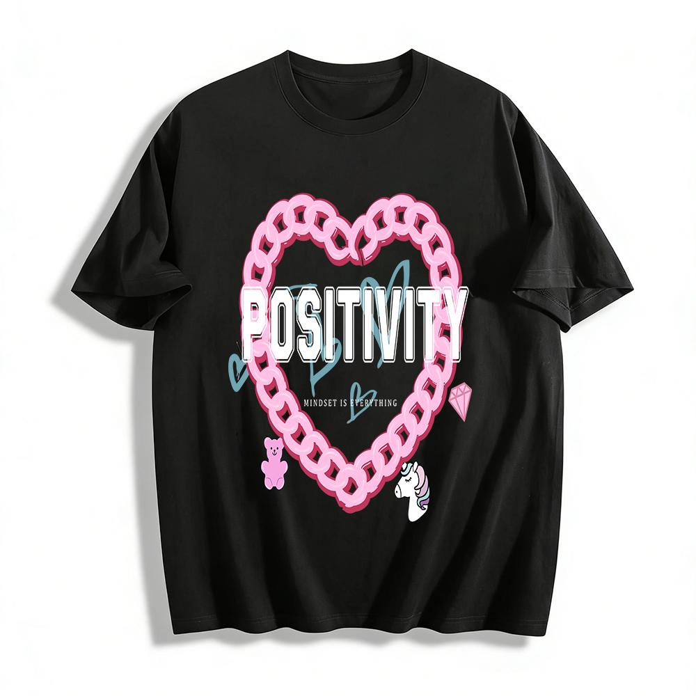 

Y2K Heart Chain Print Tee Cute Bear Unicorn Graphic Casual Loose Top For Girls Teens Pure cotton T-shirt XXS