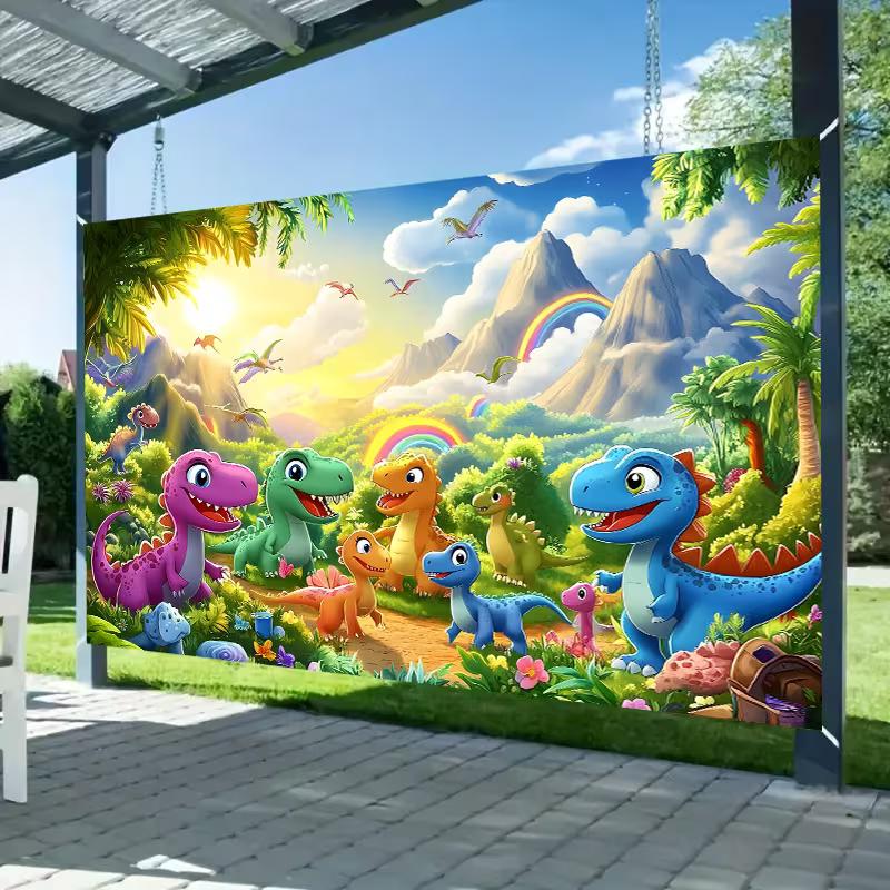 Lebendige Dinosaurierwelt Kulisse Kinder Dschungellandschaft mit Regenbogen Fotokabine Hintergrund Banner für Party Dekoration