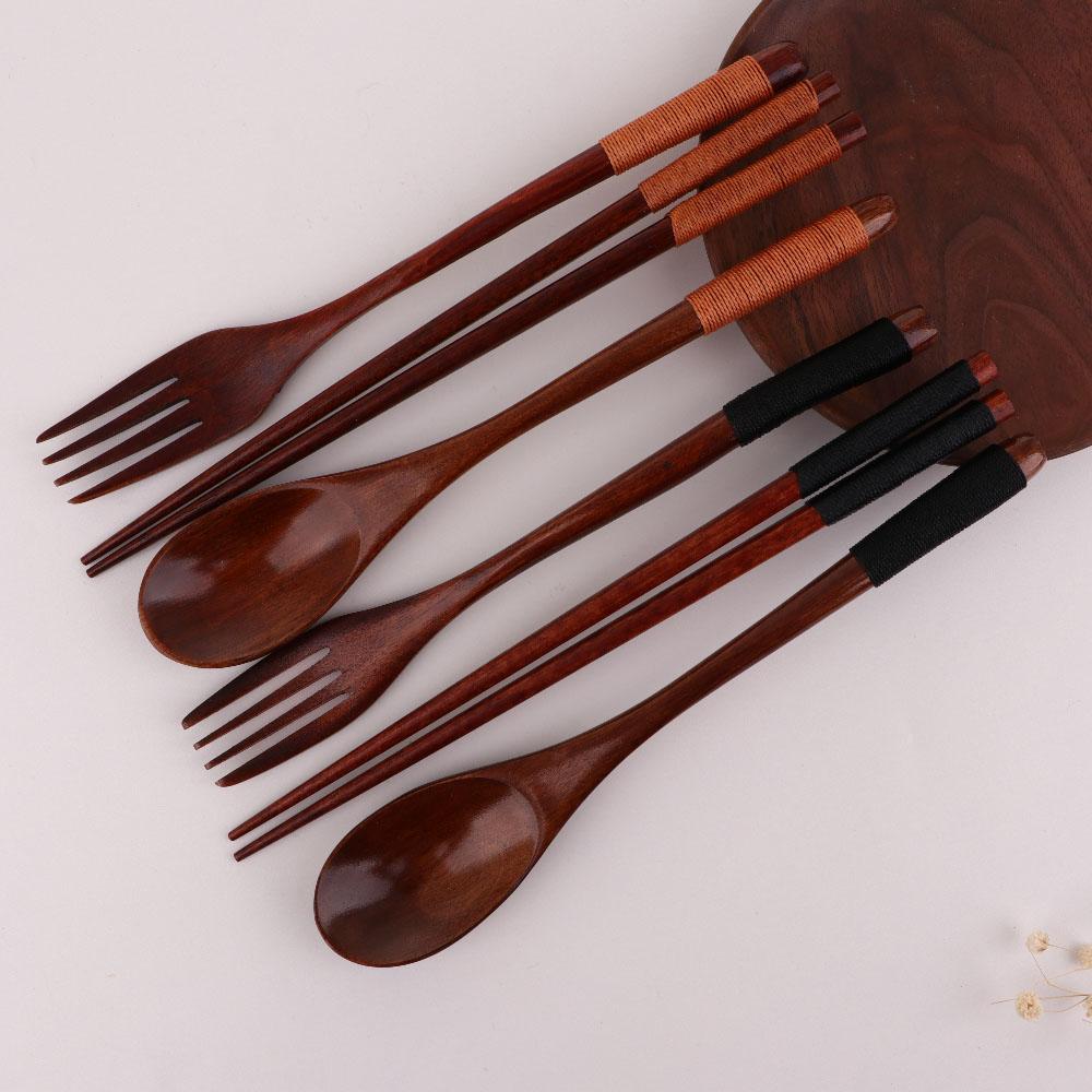 Kitchen Wooden Natural Home Dinnerware Utensils Sets Tableware Fork Chopsticks Spoon Set Cutlery