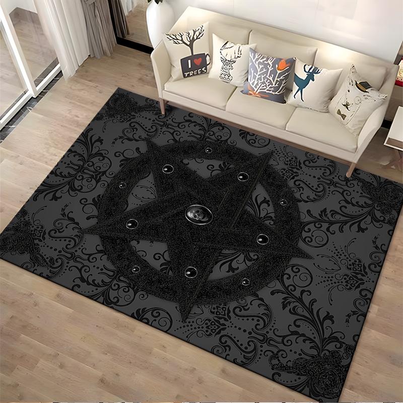 Black Carpet with Pentagram and Gothic Floral Design Pattern Suitable for use as an anti-slip for living room bedroom sofas