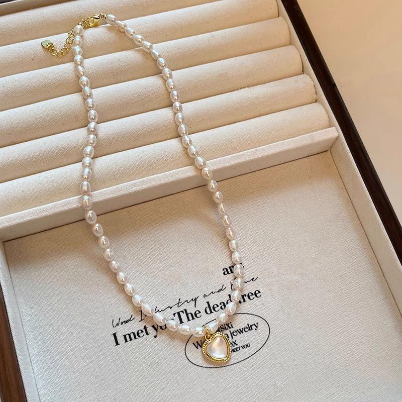 Women's Freshwater Pearl & Abalone Heart Pendant Necklace with Beaded Clavicle Chain