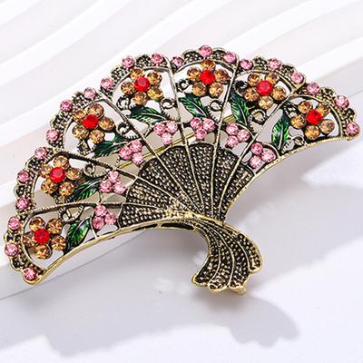 Kristall-Fan-Brosche, Vintage-Brosche mit Strasssteinen, Goldton, Hochzeitsschmuck