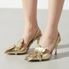 Luxury Gold Flowers Decorated Designer Heels for Women Elegant Pointed Toe Slingback Stiletto Sandals Fashion Party Dress Shoes