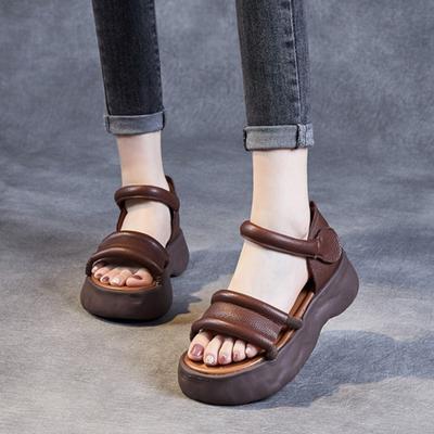 Genuine Leather Thick Sole Sandals Versatile Soft Sole Comfortable Breathable Women Platform Shoes