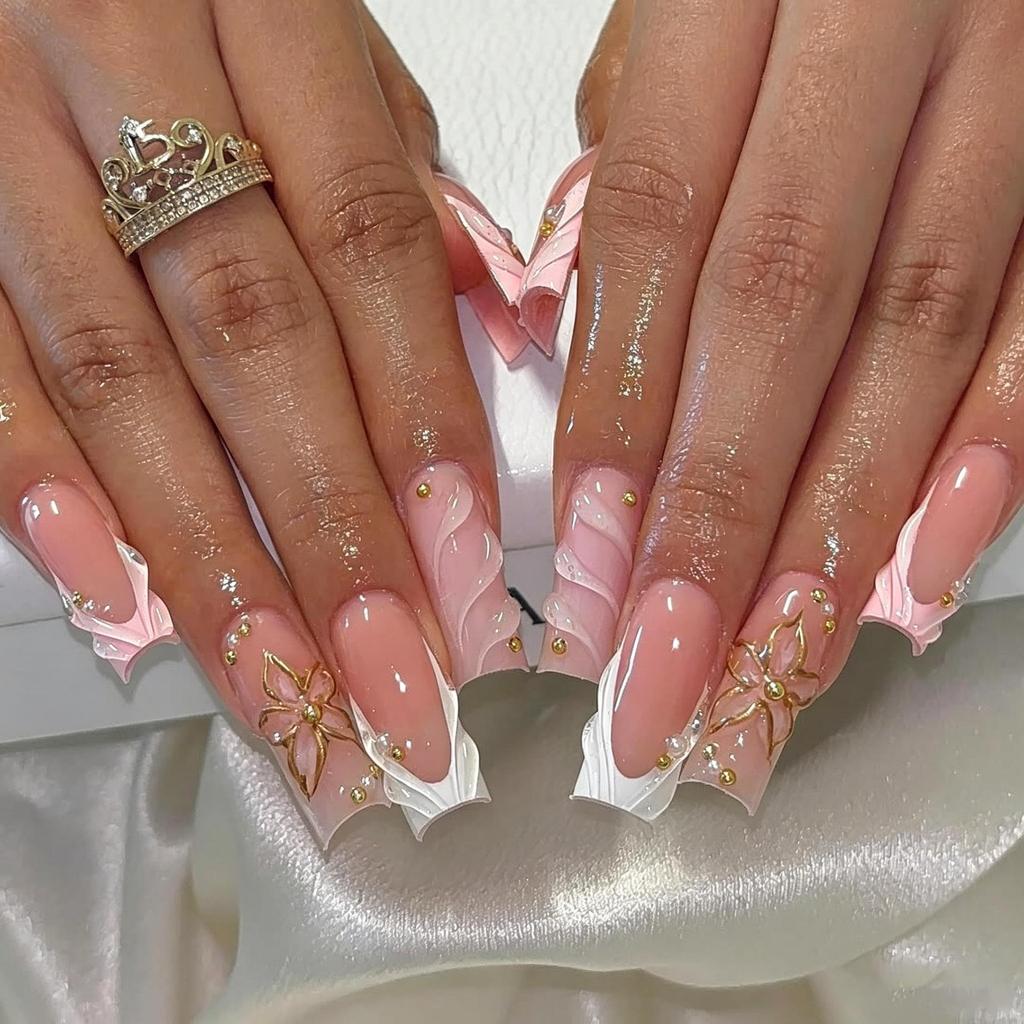 3D Pink Flower Leopard Print Detachable Wearable Nail Tips - European & American Design