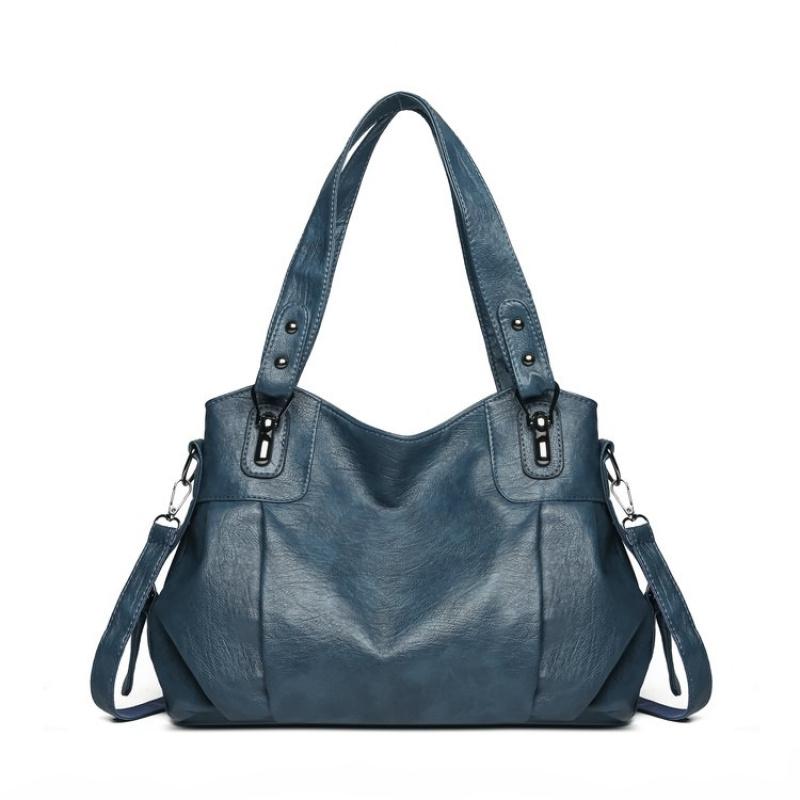 

Большая вместимость черно-коричневых сумок через плечо для женщин, большая сумка для покупок, однотонная мягкая кожаная сумка через плечо, женская дорожная сумка-тоут озеро синий