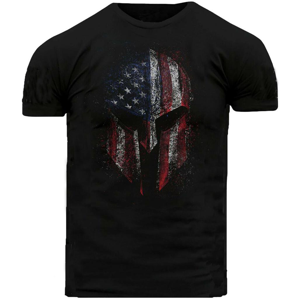 American Flag Sparta Helmet Mens TShirt Cotton Round Neck Short Sleeve T Shirt