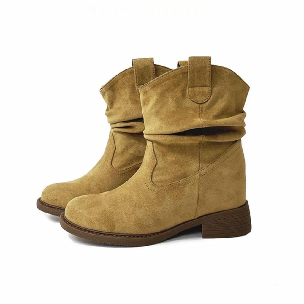 Women's Retro 8cm Height-Boost Mid-Calf Martin Boots - Slim Fit, Pleated Design, Versatile for Autumn/Winter