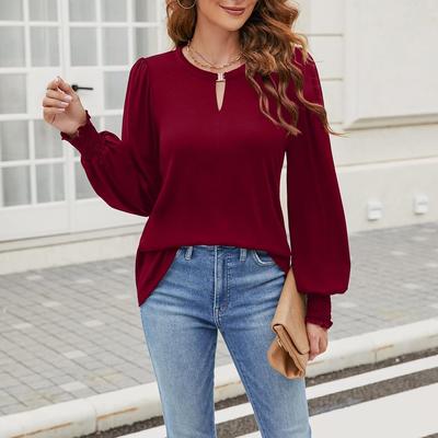 Fashion Women's Casual Tops Spring Long Sleeve V-Neck Locked Bubble Sleeve Range Cuffed Top T-Shirt Comfortable and Versatile T-shirt for Ladies