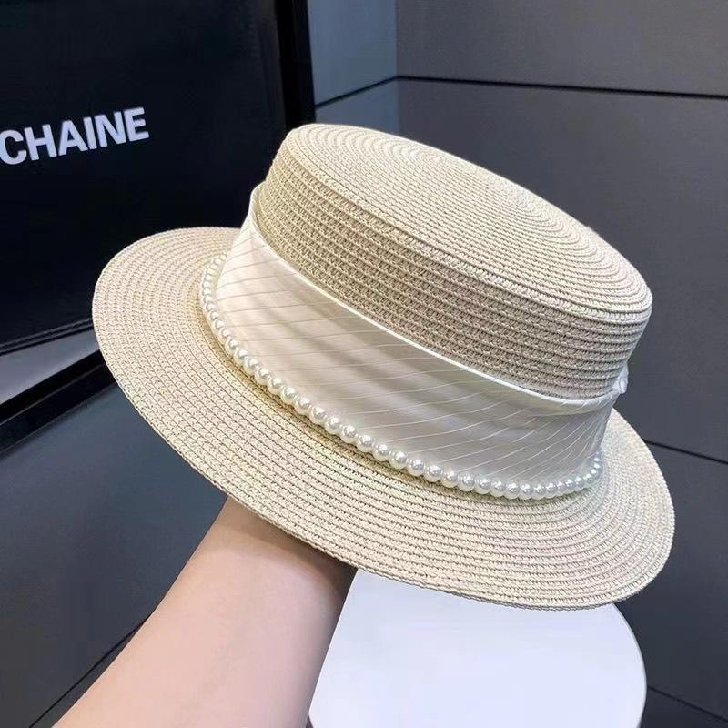Meimeier Women's new summer retro french pearl straw hat - perfect for beach trips, flat top socialite style