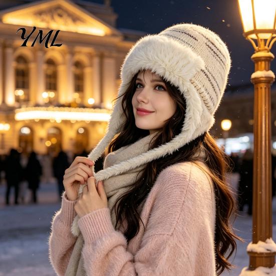 Thermal Wool Blend Hats Women Trapper Hat, Knitted Hat with Ear Flaps, Fuzzy Travel Essential Headgear Trim, Warm Winter Knit for Cold Weather Hiking