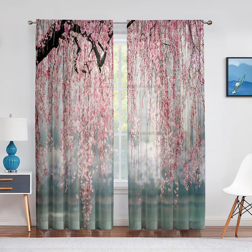 Cherry Blossom Sheer Voile Curtain Floral Sakura Blossom Pink Flower Window Tulle Curtains for Living Room Bedroom Kitchen Decor