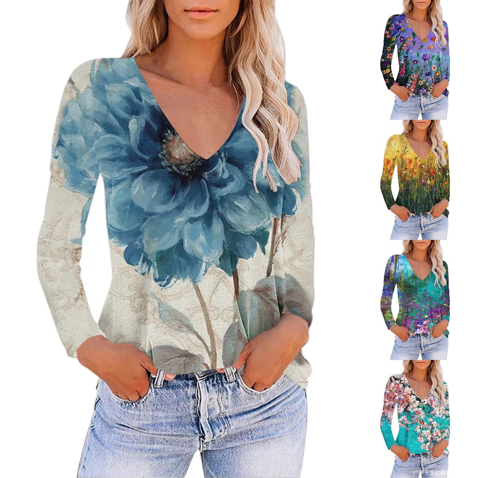 

Женская повседневная свободная футболка с v-образным вырезом и градиентным принтом, пуловер с длинным рукавом