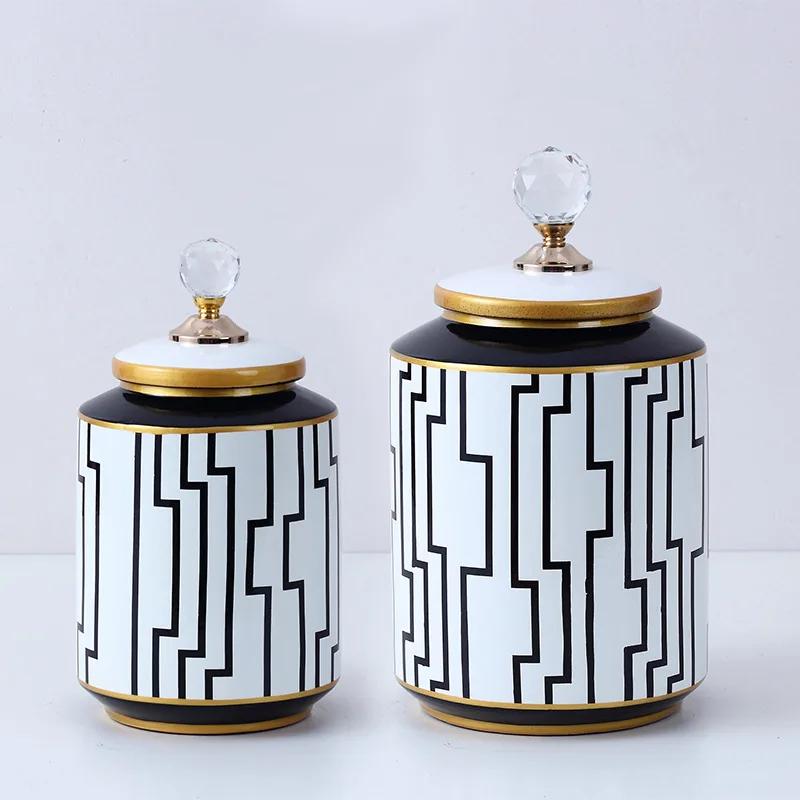Modern Home Storage Tank with Cover Storage Container Desktop Storage Black and White Geometry Ceramic Jar Food Container