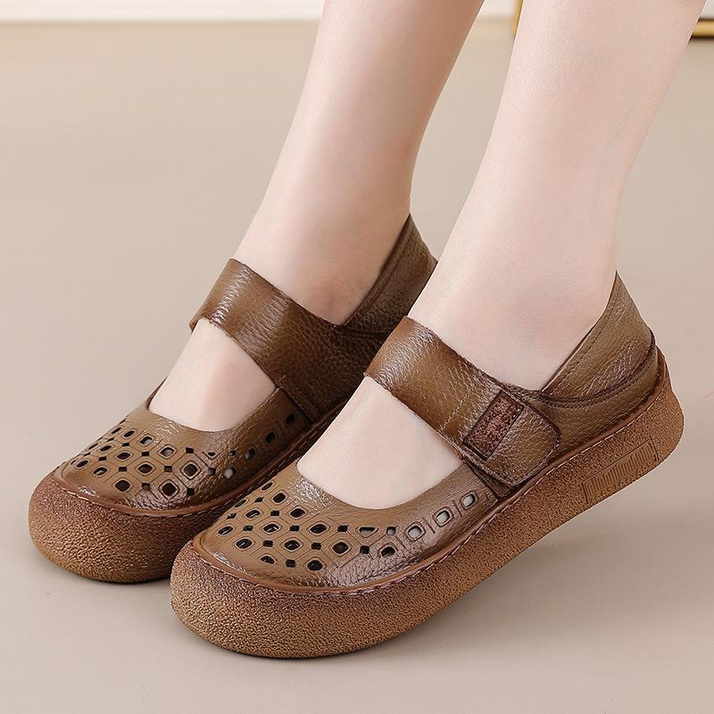 Fashion New arrival cutout cow leather sandals women summer mary jane flats shoes woman hook loop soft loafer ladies breathable sandals