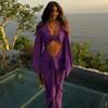 Purple Hollow Dress Sexy Exposed Belly Women Pleated Bow Long Sleeved V-Neck Slim Wrap Hip Dress 2025 New Summer Fashion