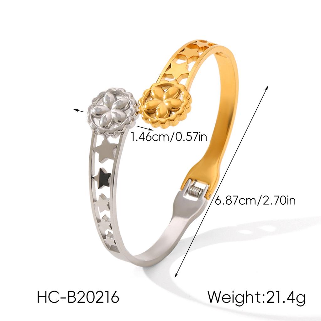 Gold and Silver Two-tone Stainless Steel Star Bangle, Instagram Style Wide Band Titanium Steel Open Bracelet