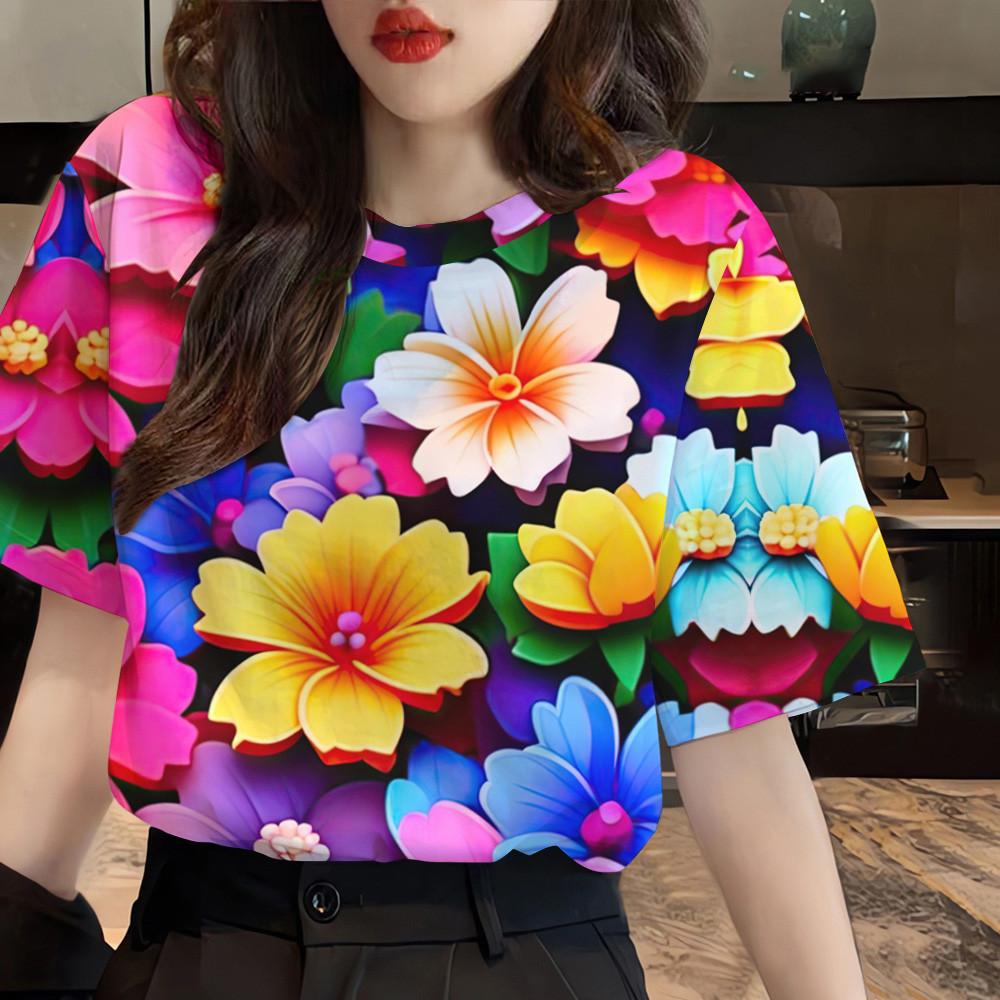 Women's clothing floral pattern top printed T-shirt short sleeved casual T-shirt street wear women's oversized