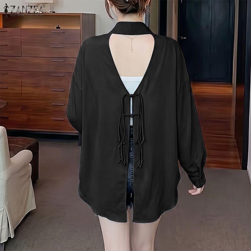 ZANZEA Women Casual Turn Down Collar Loose Backless Long Sleeve Blouse