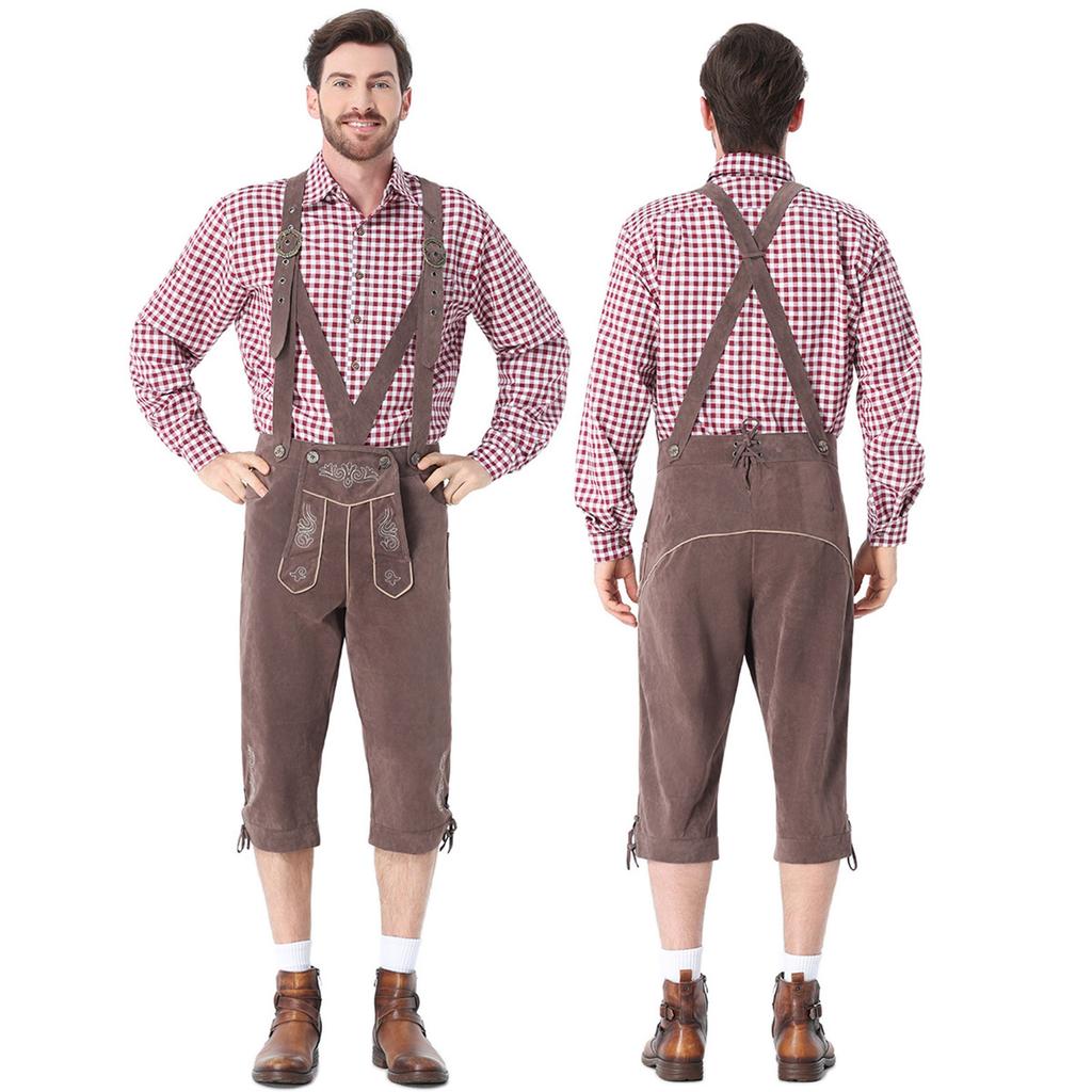 Men's German Bavarian Oktoberfest Costume Set Long Sleeve Plaid Shirt with Suspenders Pants, 2-Piece Outfit