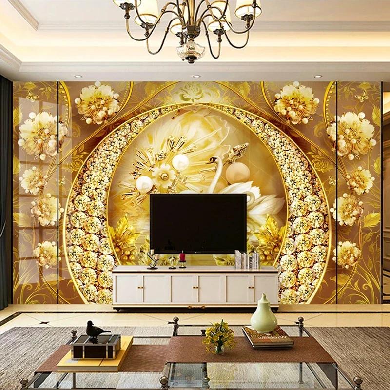 3D-Wandbilder Schwanensee Goldener Schmuck Diamantblume Tapete Luxuriöses Wohnzimmer Sofa TV-Hintergrund Wandbild