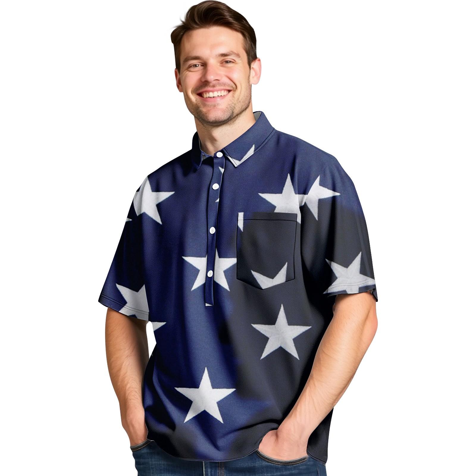 

Men s Summer Stars Four-sided Stretch Lapel Button Pocket Shirt Casual Sports Short-sleeved Top XXL синій