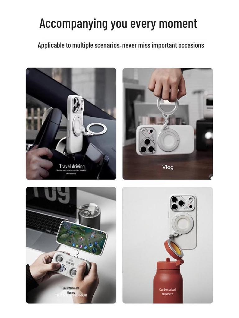 Ultra-Thin Aluminum Magnetic Ring Holder with N52 Strong Magnet, Multi-Angle Adjustment, Double-Sided Suction, and Portable Design.