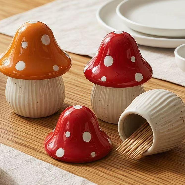 Cartoon Mushroom Ceramic Storage Jars Home Desktop Toothpick Holder Cotton Swab Organizer Kitchen Bathroom Decoratives Container