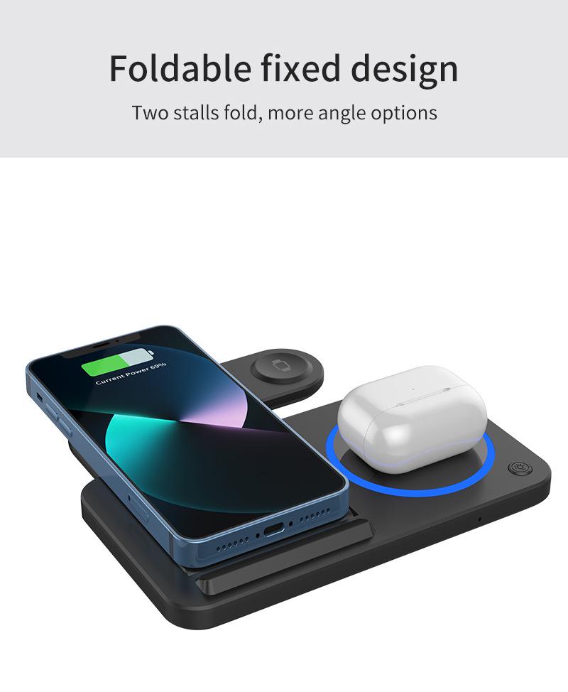 3-in-1 Multifunctional Earphone Watch Stand with Double Coil Wireless Charger and Light Folding Feature.