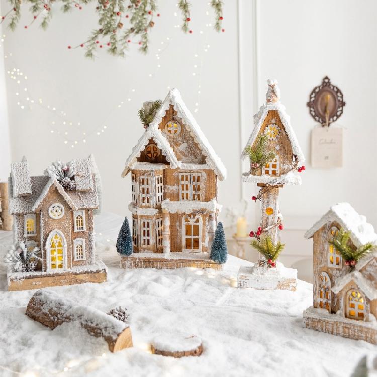 Table Display Christmas Cottage Ornament with Light Effect, Wooden Snow Cabin Decoration for Tabletop Shelf Styling
