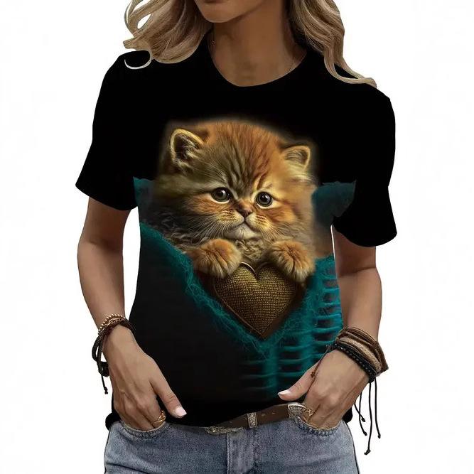 Summer Round Neck 3D Animal Print Top Fashionable Casual Short Sleeved Women's T-shirts