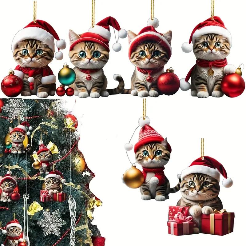 Acrylic Christmas Cat Pendant  Holiday Design with Christmas Hat for Christmas Tree Car Rearview Mirror Home Party Holiday Decor