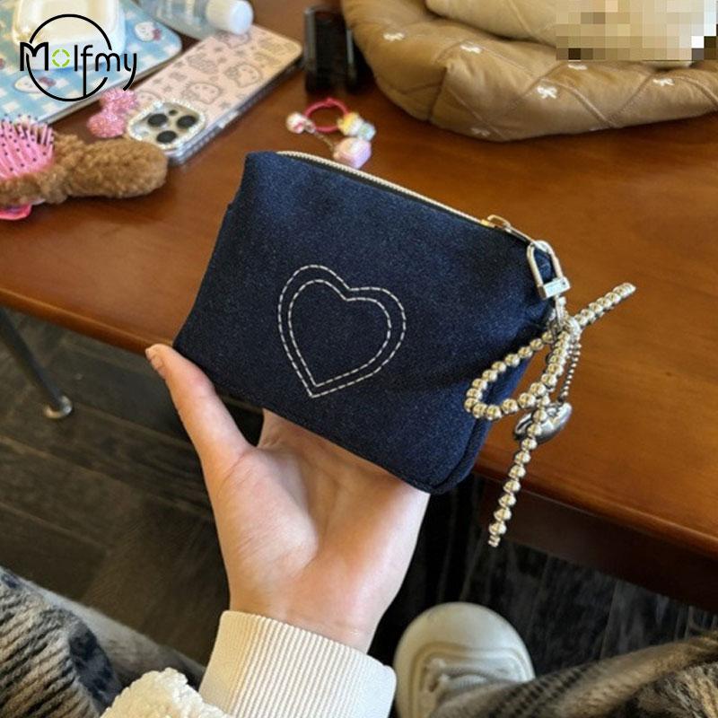 Woman Wallet Denim Heart-embroidered Cosmetic Bag ID Card Bag Portable Small Dirt-resistant Coin Purse Portable Small Bag 2026